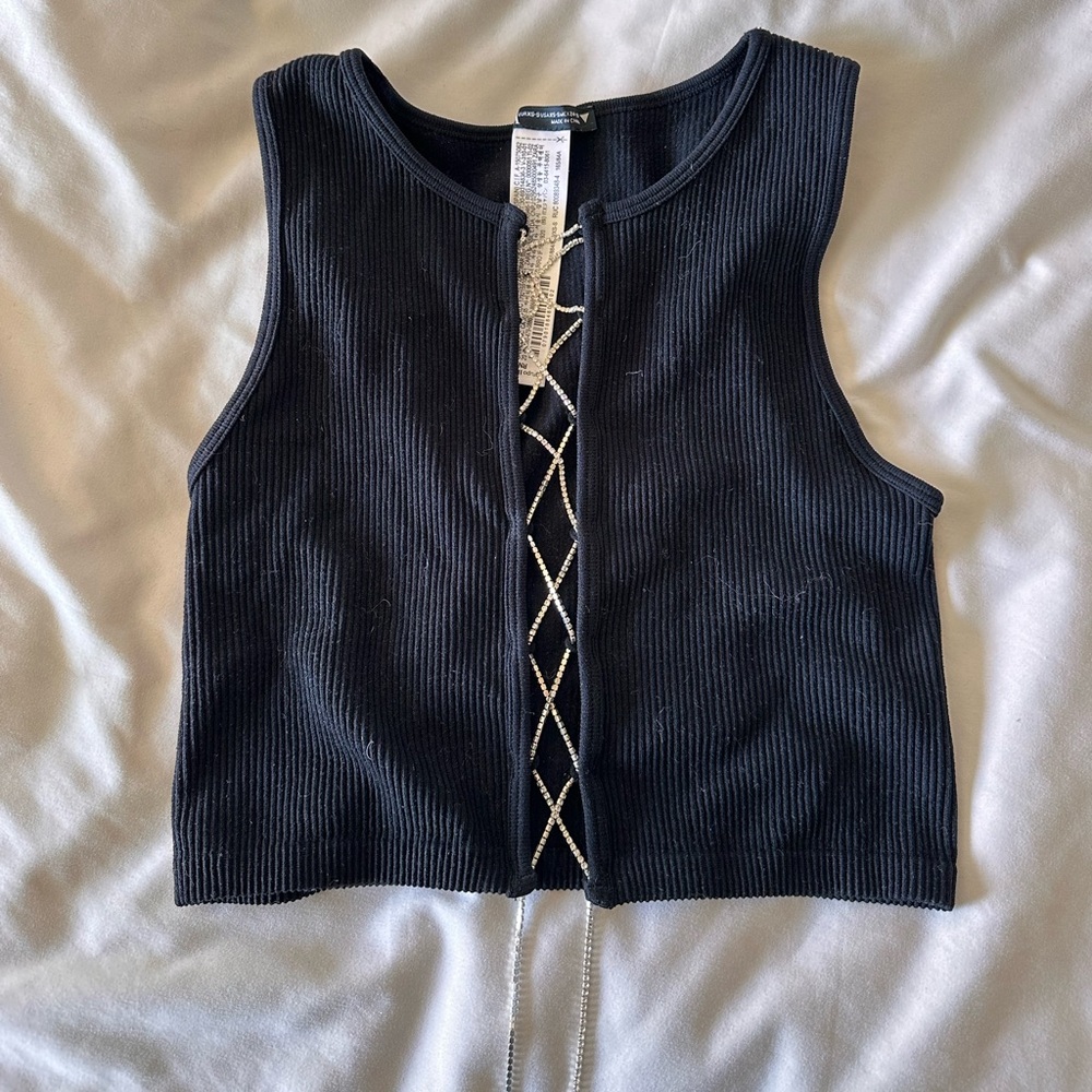 Zara black tank with rhinestone lace up detail!